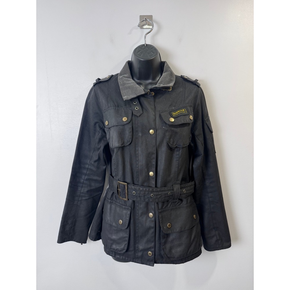 Barbour Women Black Waxed Cotton International Belted Utility Jacket Size US 8